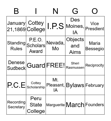 P.E.O Bingo Card