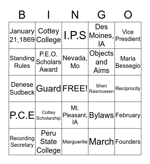 P.E.O Bingo Card