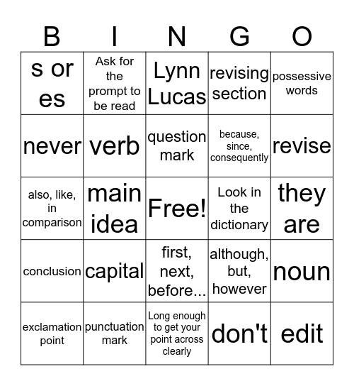 Writing Bingo Card