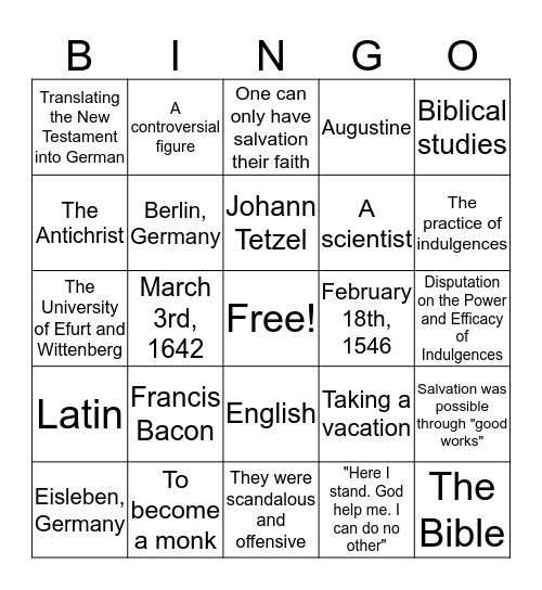 Martin Luther and the Reformation  Bingo Card