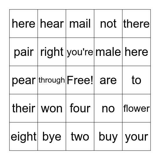 Homphones Bingo Card