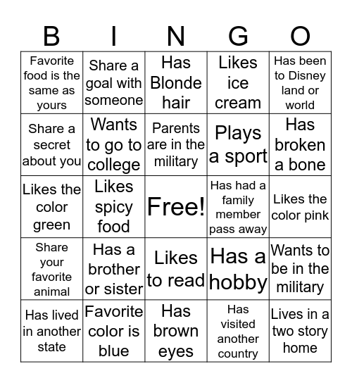 Get to know you  Bingo Card