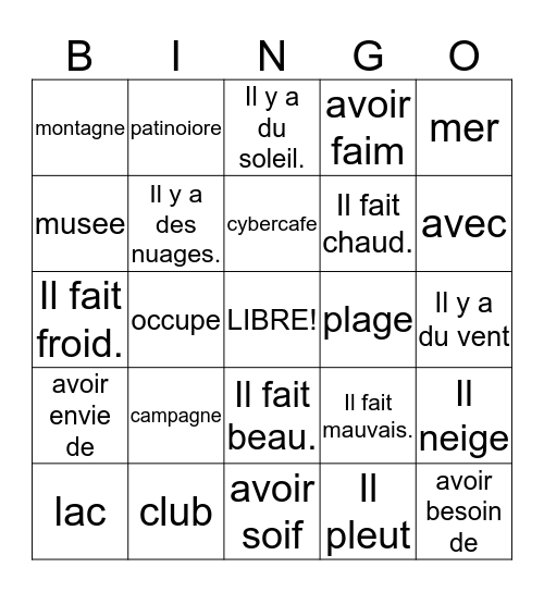 FRANCAIS 1 - CHAPITRE 5 - VOC. 2 Bingo Card