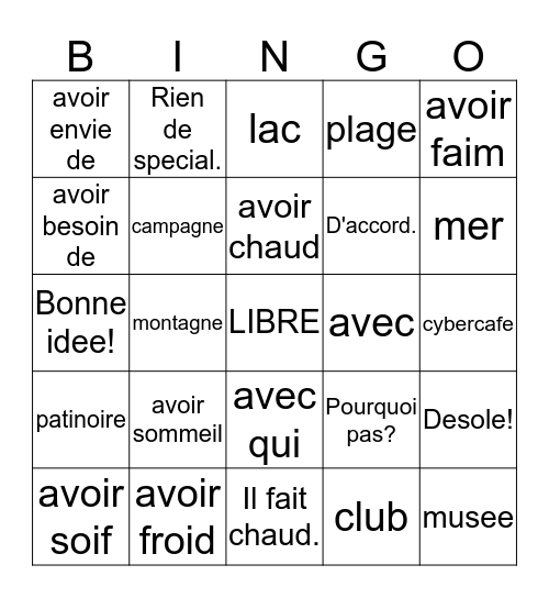 French 1 Chapter 5 vocab. 2 Bingo Card