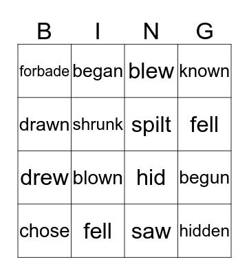 Irregular verbs Bingo Card