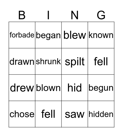 Irregular verbs Bingo Card