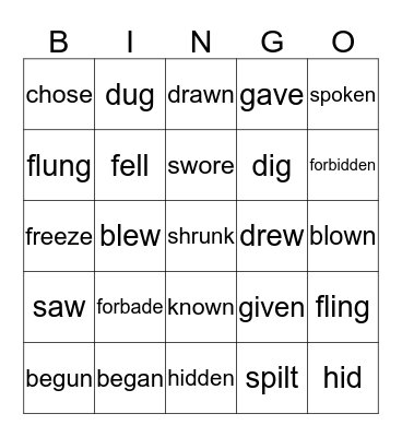 Irregular verbs Bingo Card