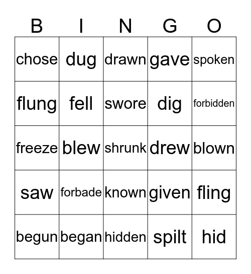 Irregular verbs Bingo Card