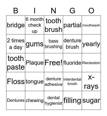 Oral Health Bingo Card