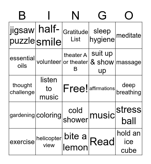 Coping Skills Bingo Card