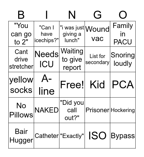 PACU BINGO Card