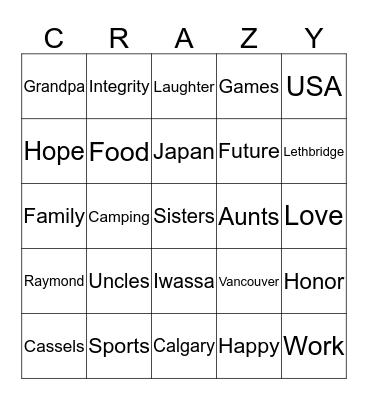 Reunion Bingo Card