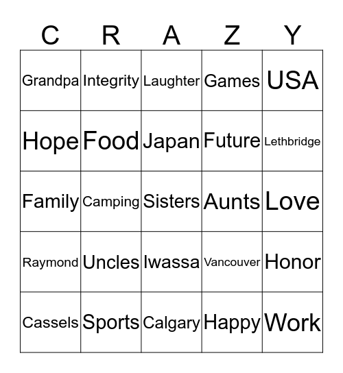 Reunion Bingo Card