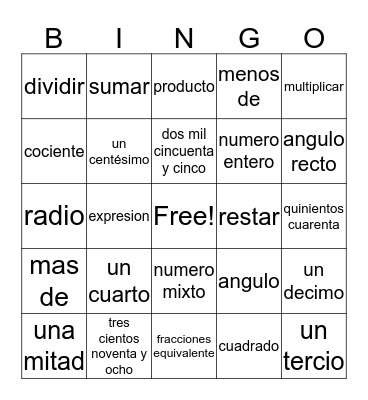 Matematicas Bingo Card