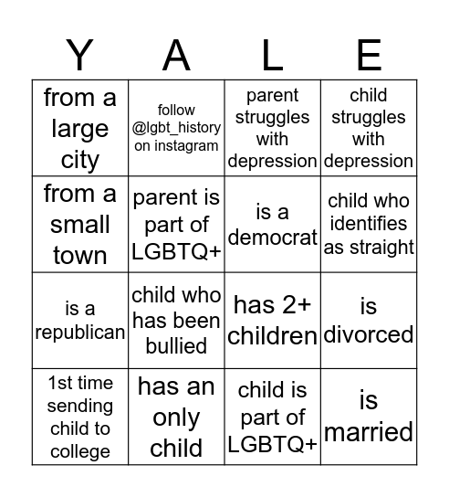 Yale University Orientation Bingo Card