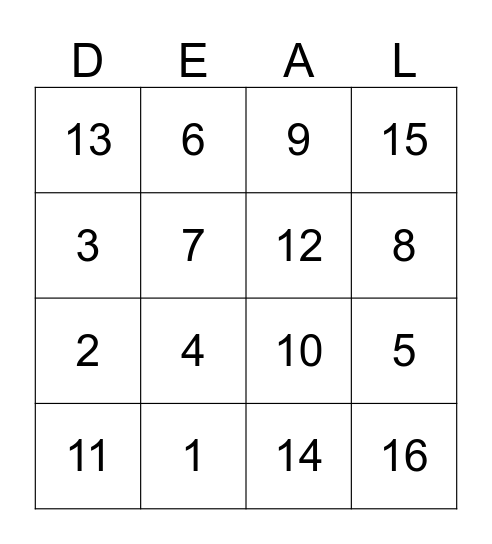 DEAL OR NO DEAL Bingo Card