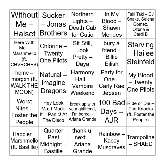 Recent(ish) Releases Bingo Card