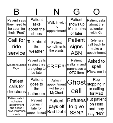 Reception BINGO Card
