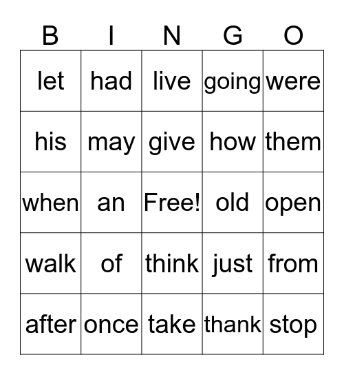 Dolch 1st grade sight word bingo Card