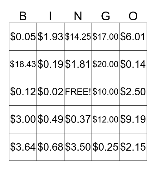 Money Bingo Card