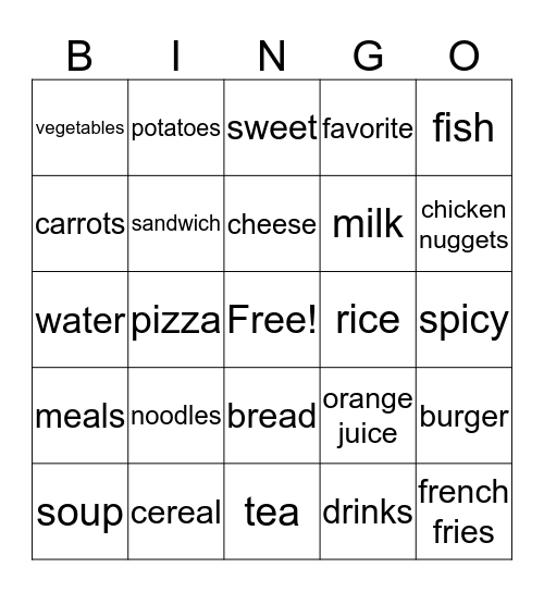 Newcomer Unit 3 Food Bingo Card