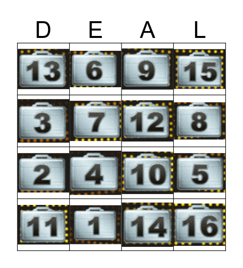 Deal or No Deal Bingo Card