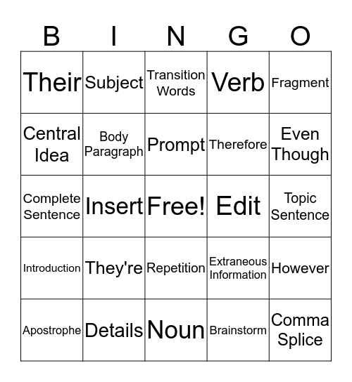 STAAR Writing Vocabulary Bingo Card