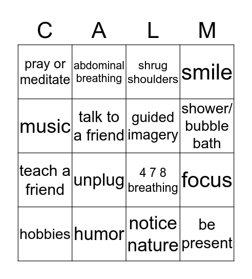 Relaxation Techinques Bingo Card