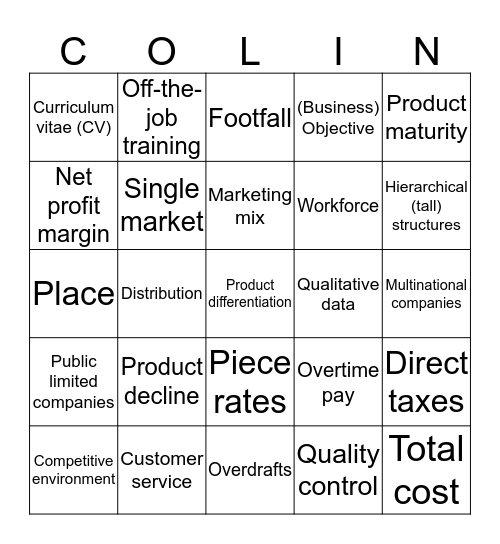 COLLINS HOUSE Business Bingo Card