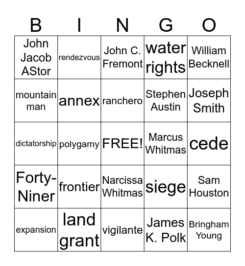 Chapter 9 - Westward Expansion Bingo Card