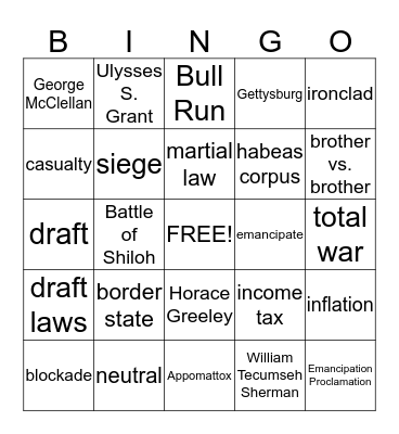 Chapter 11 - The Civil War Bingo Card