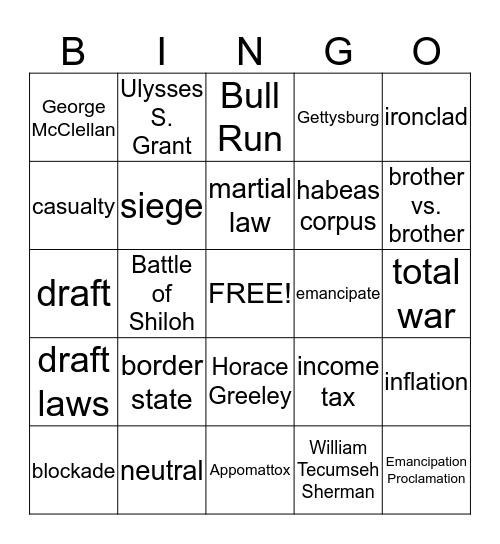 Chapter 11 - The Civil War Bingo Card