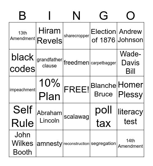 Chapter 12 - Reconstruction and the New South Bingo Card