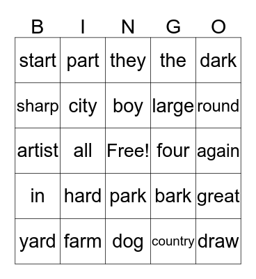 /ar/ words Bingo Card