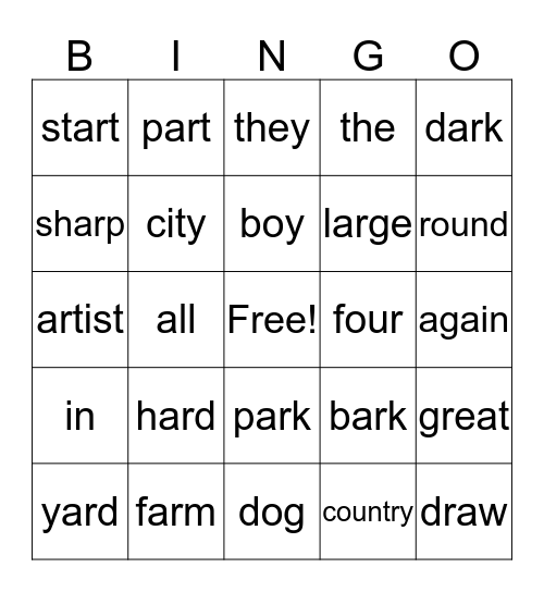 /ar/ words Bingo Card