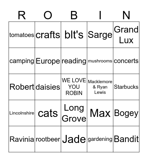 HAPPY BIRTHDAY ROBIN Bingo Card