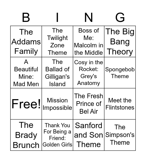 TV Show Theme Songs  Bingo Card