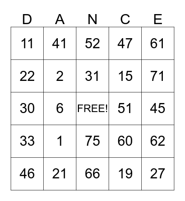 Let's dance Bingo Card