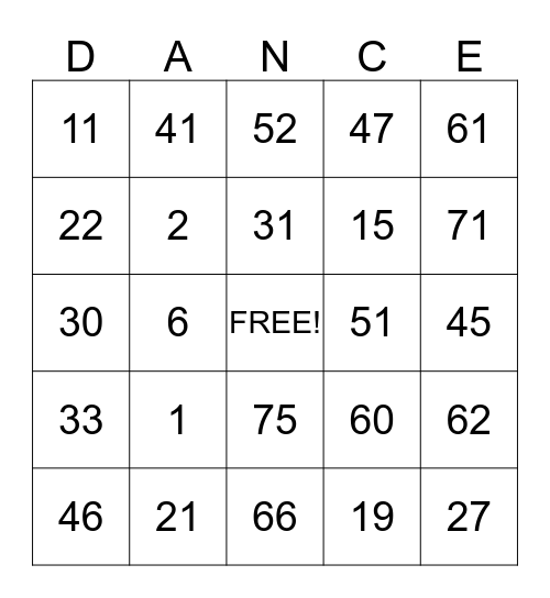 Let's dance Bingo Card