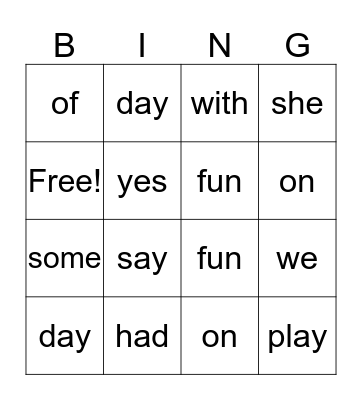 Snap Word Bingo Card