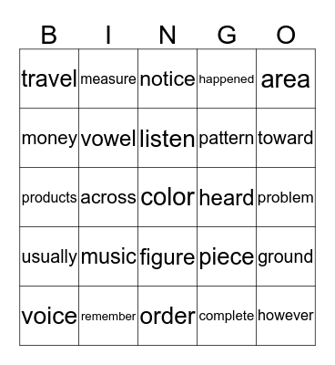 Sight words Bingo Card