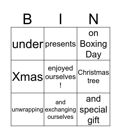 Christmas experiences Bingo Card