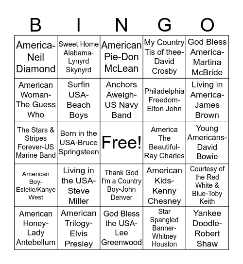 BB36 America! Bingo Card