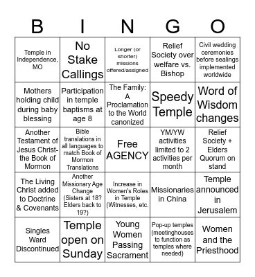 General Conference Changes Bingo Card