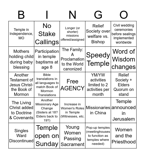 General Conference Changes Bingo Card