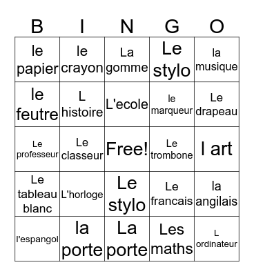 Ecole  Bingo Card