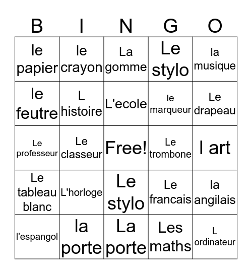 Ecole  Bingo Card