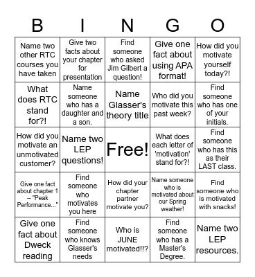 Motivation Action Bingo!! Bingo Card