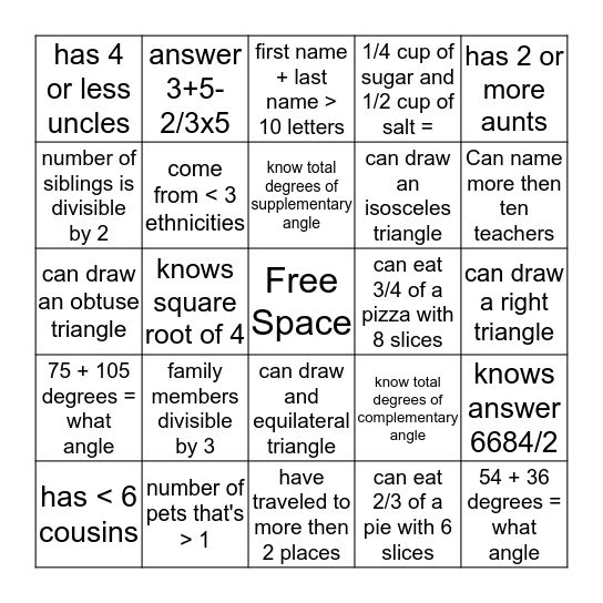 Getting to Know You Math Bingo Card