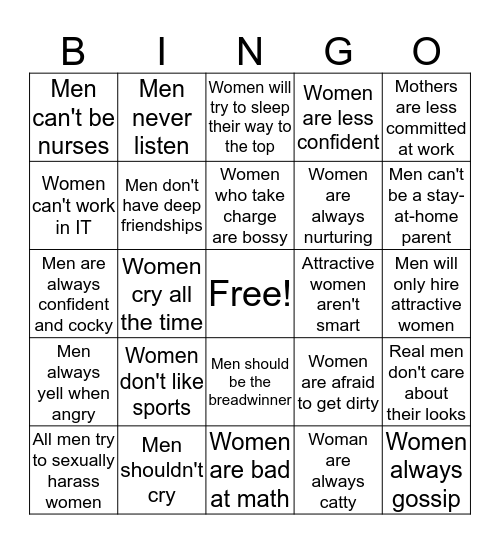 Gender stereotype bingo Card